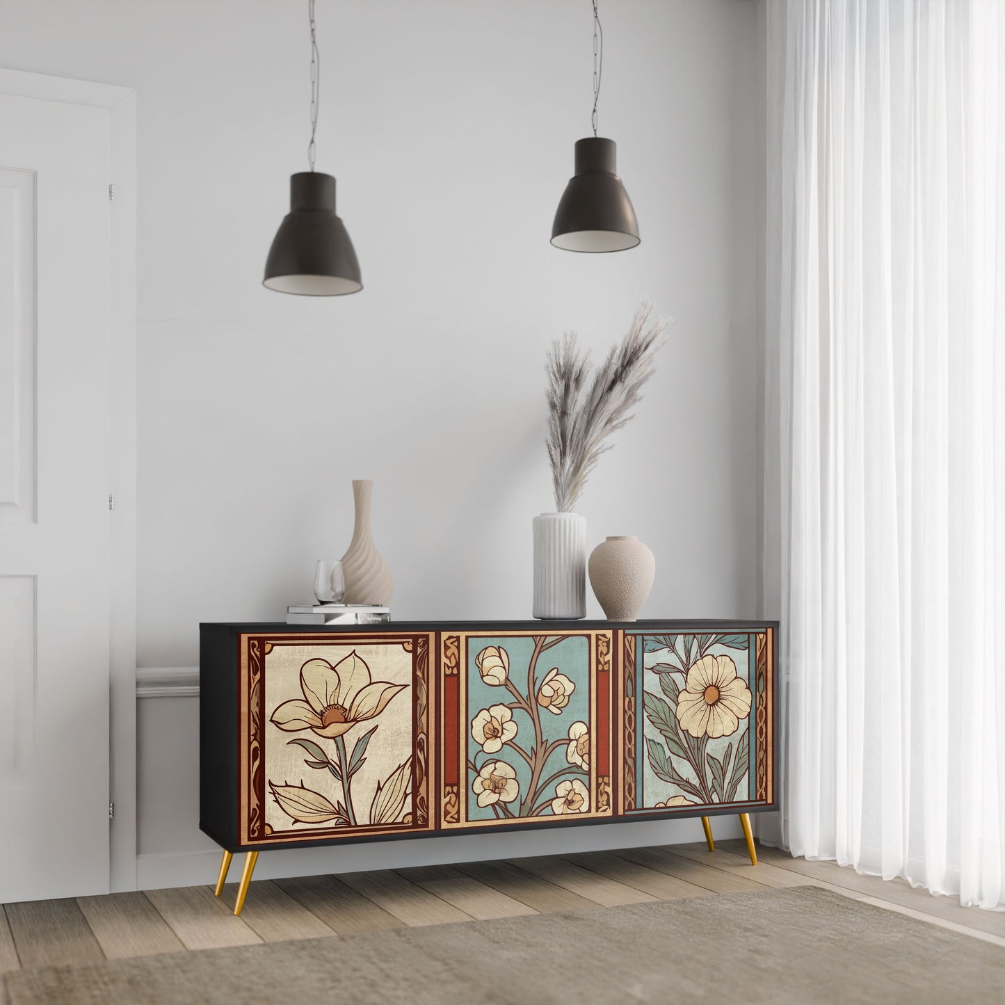 Credenza TIMELESS FLORA a 3 ante in finitura nera