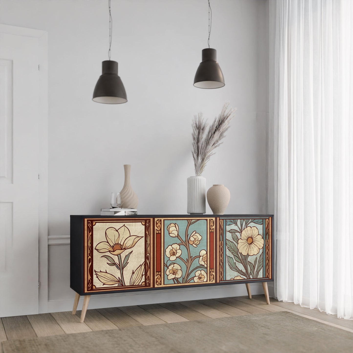 Credenza TIMELESS FLORA a 3 ante in finitura nera