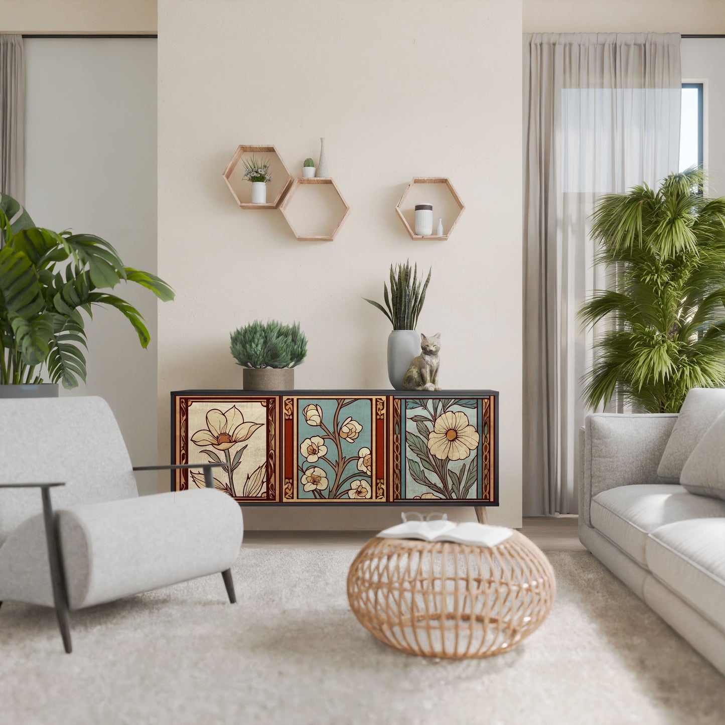 Credenza TIMELESS FLORA a 3 ante in finitura nera
