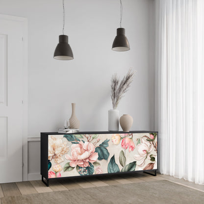 FLORAL GRACE 3-Door Sideboard in Black Finish