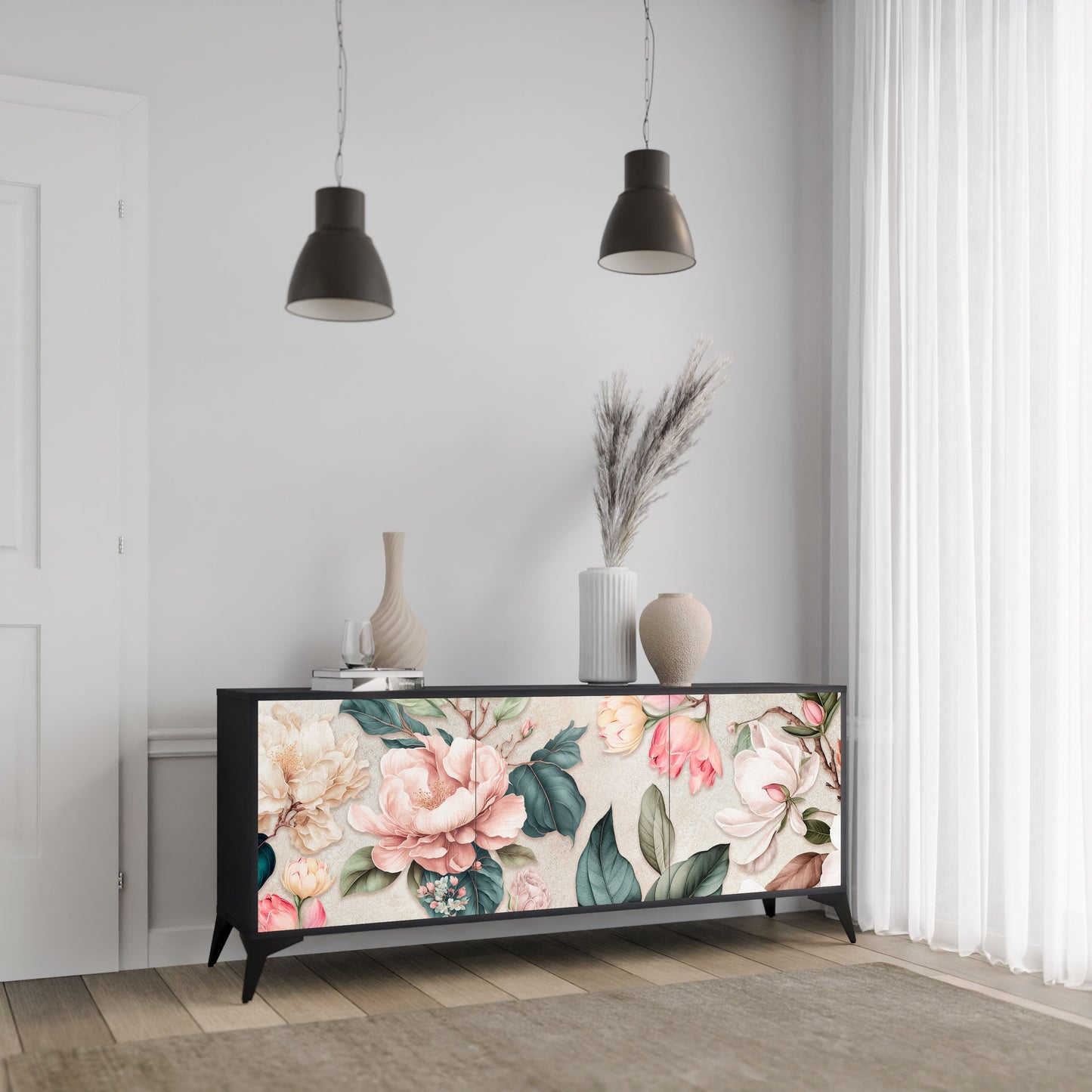 FLORAL GRACE 3-Door Sideboard in Black Finish