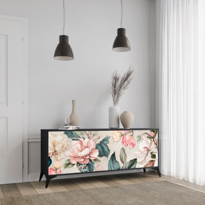 FLORAL GRACE 3-Door Sideboard in Black Finish