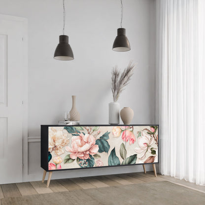 FLORAL GRACE 3-Door Sideboard in Black Finish