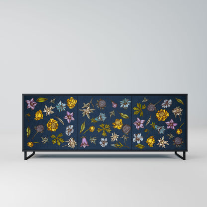 FLOWERS ON NAVY BLUE 3-Door Sideboard in Black Finish