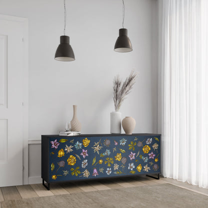 FLOWERS ON NAVY BLUE 3-Door Sideboard in Black Finish