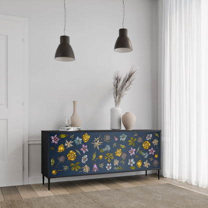 FLOWERS ON NAVY BLUE 3-Door Sideboard in Black Finish