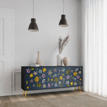 FLOWERS ON NAVY BLUE 3-Door Sideboard in Black Finish