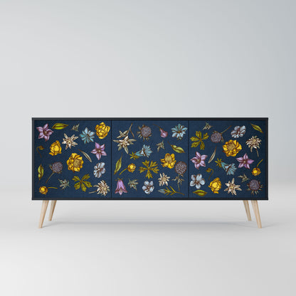 FLOWERS ON NAVY BLUE 3-Door Sideboard in Black Finish