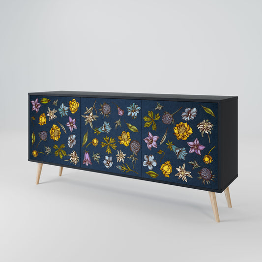 Credenza a 3 ante FLOWERS ON NAVY BLUE in finitura nera