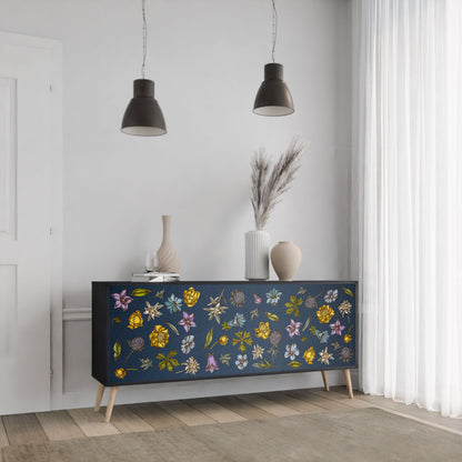 FLOWERS ON NAVY BLUE 3-Door Sideboard in Black Finish