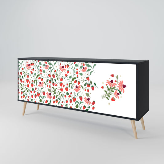 FLOWERS AND STRAWBERRIES 3-Door Sideboard in Black Finish