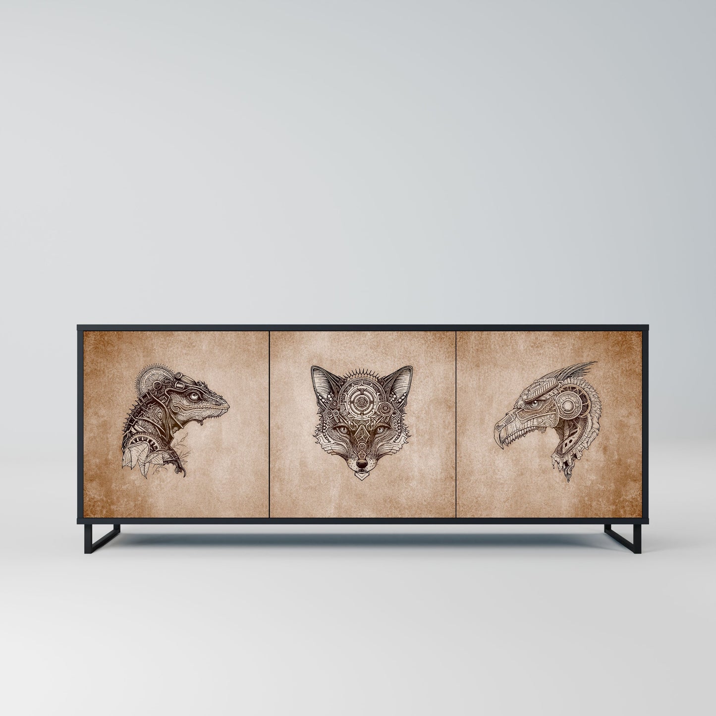STEAMPUNK CLAN 3-Door Sideboard in Black Finish