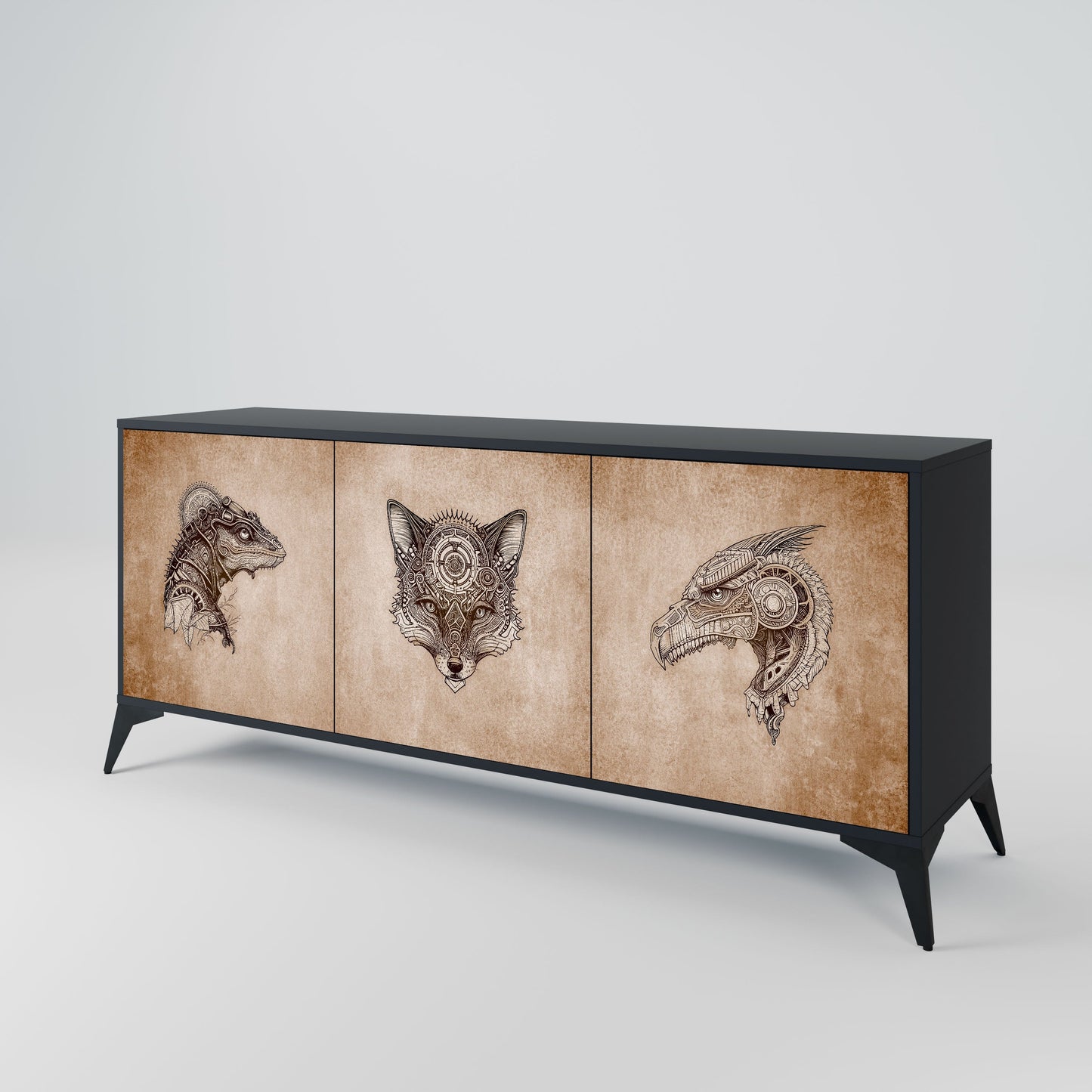 STEAMPUNK CLAN 3-Door Sideboard in Black Finish