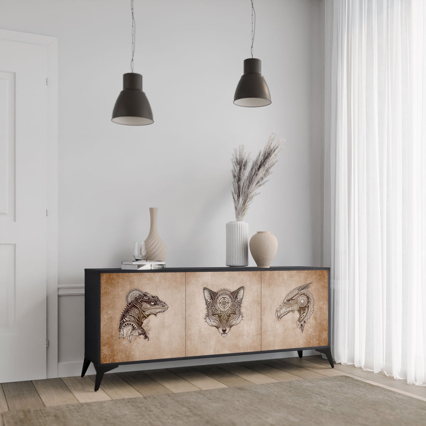 STEAMPUNK CLAN 3-Door Sideboard in Black Finish