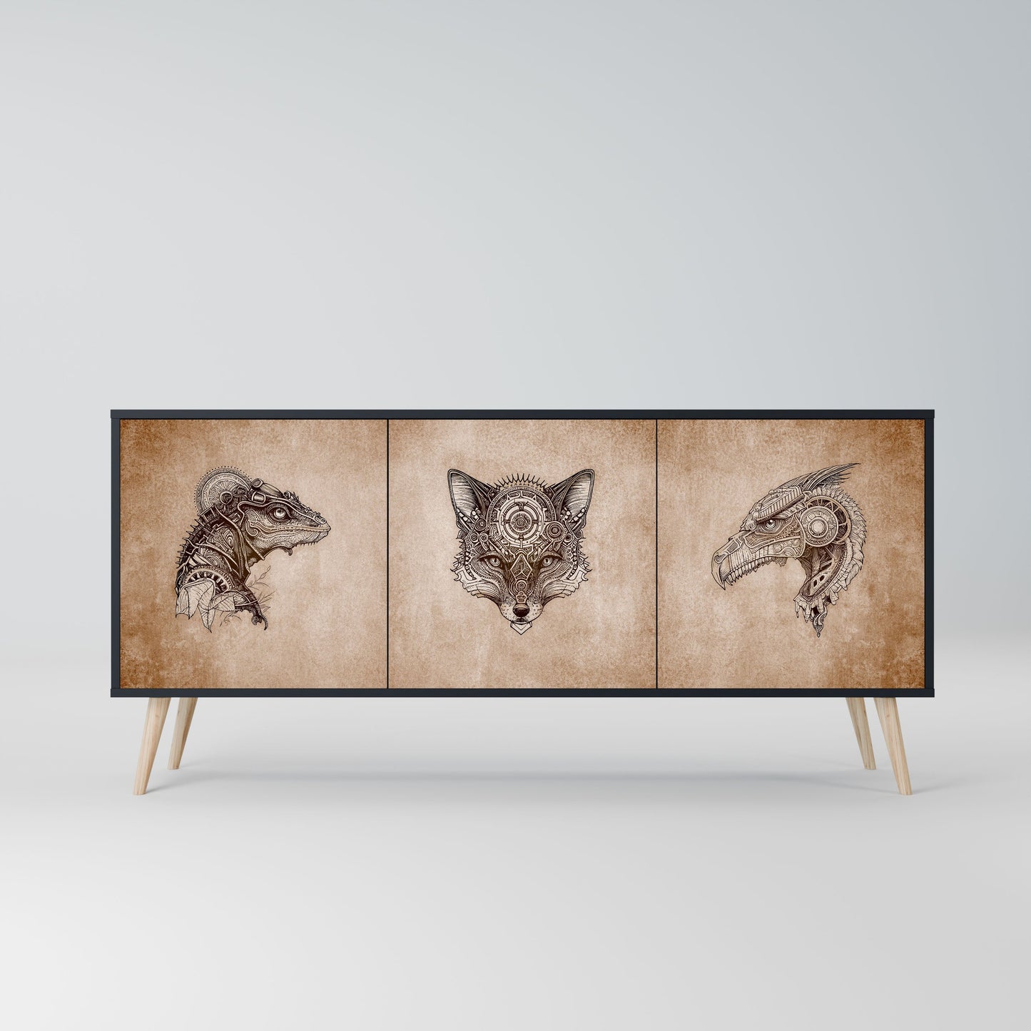 STEAMPUNK CLAN 3-Door Sideboard in Black Finish