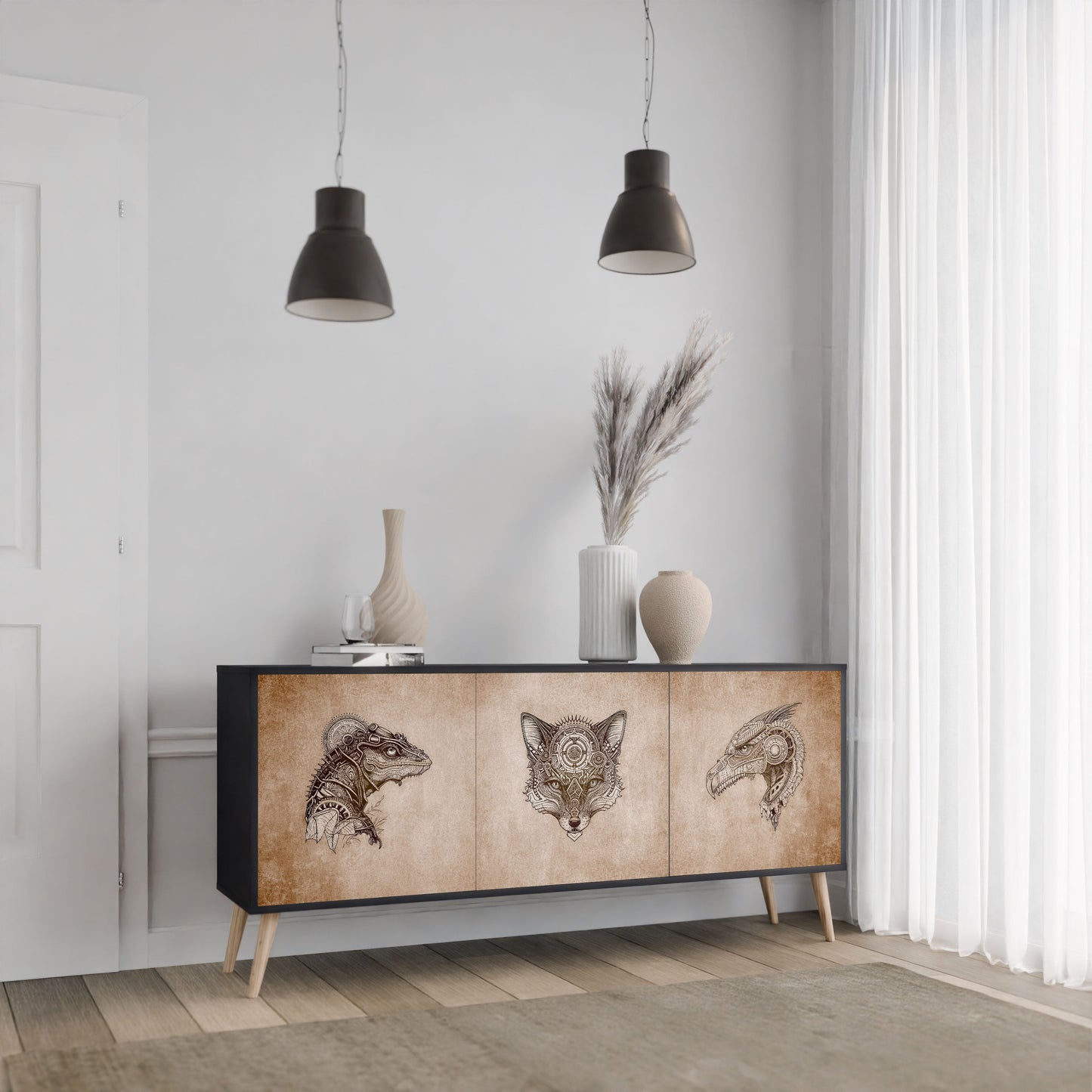 STEAMPUNK CLAN 3-Door Sideboard in Black Finish