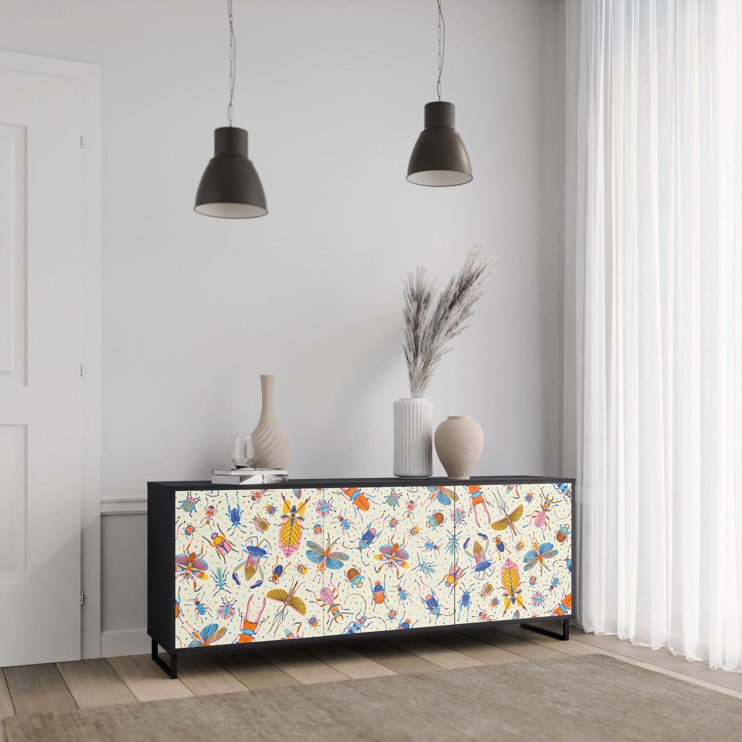 COLORFUL INSECTS 3-Door Sideboard in Black Finish
