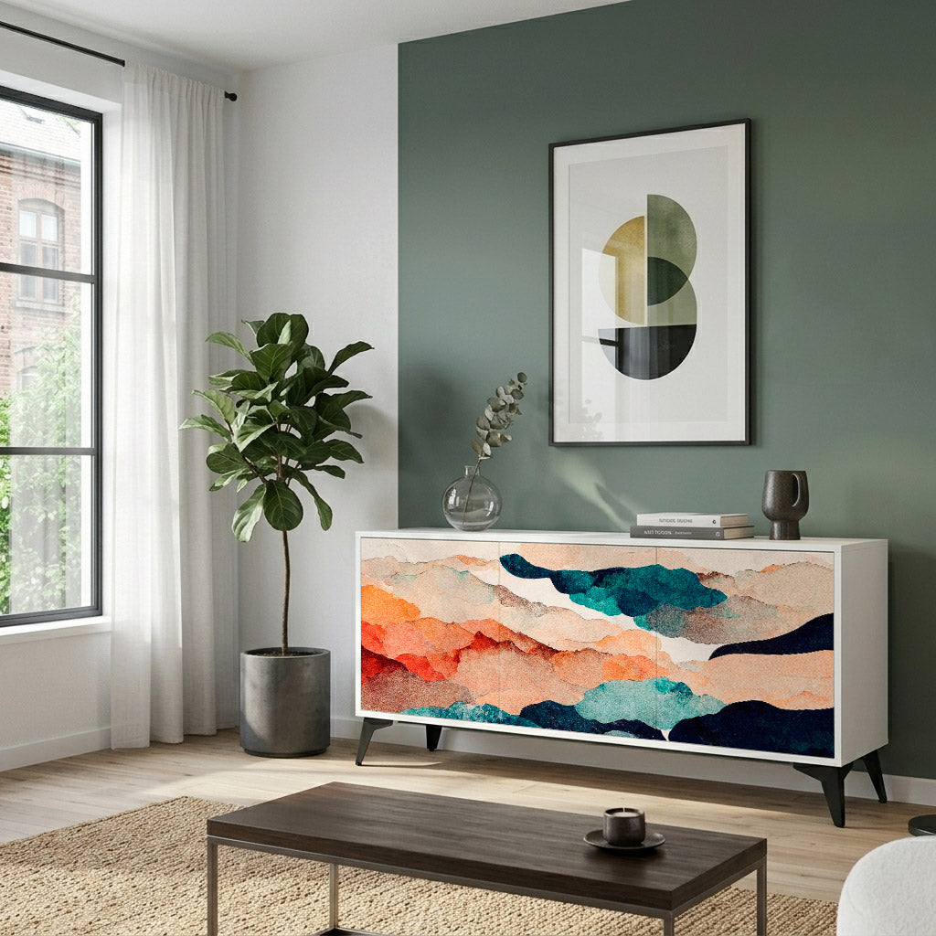 ABSTRACT LANDSCAPE 3-Door Sideboard in White Finish