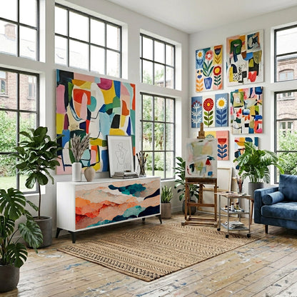 ABSTRACT LANDSCAPE 3-Door Sideboard in White Finish