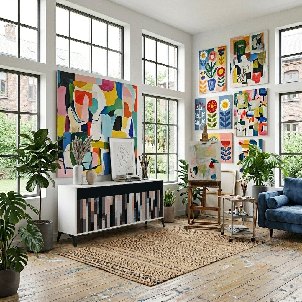 COLLAGE OF RECTANGLES 3-Door Sideboard in White Finish
