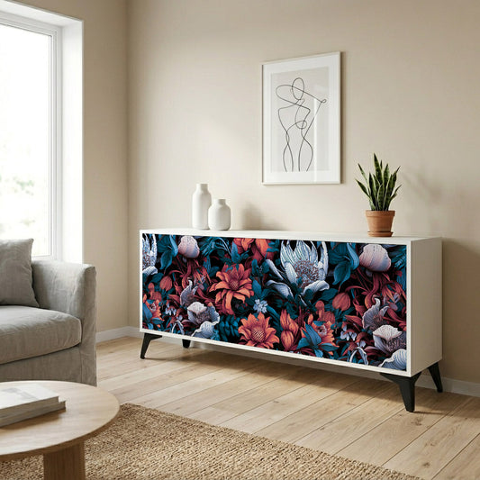 ETHEREAL BLOSSOMS 3-Door Sideboard in White Finish