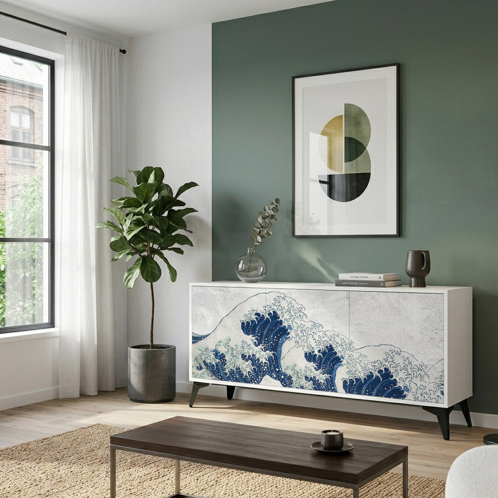 THE GREAT WAVE AT KANAGAWA Madia a 3 Ante in Finitura Bianca