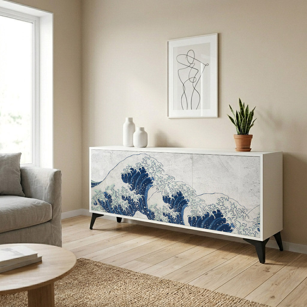 THE GREAT WAVE AT KANAGAWA Madia a 3 Ante in Finitura Bianca