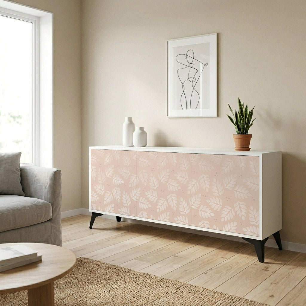 LEAVES ON BEIGE Madia a 3 Ante in Finitura Bianca