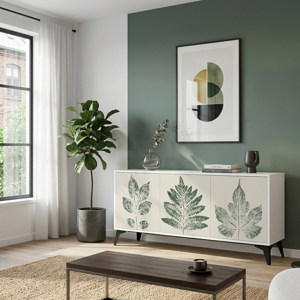 GREEN LEAFY STAMPS 3-Door Sideboard in White Finish