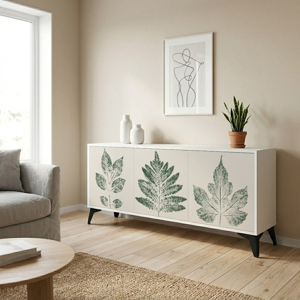 GREEN LEAFY STAMPS 3-Door Sideboard in White Finish
