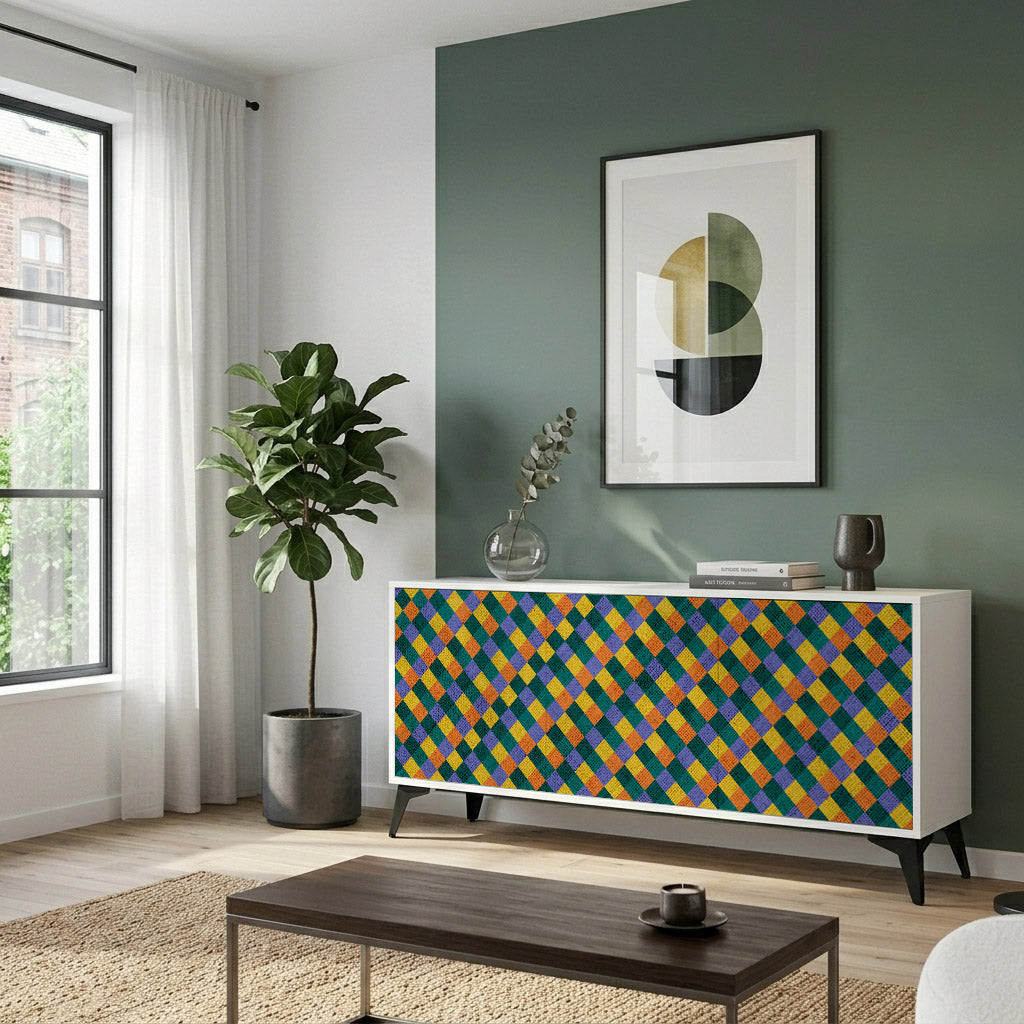 PAINTED SQUARES MIX Madia a 3 Ante in Finitura Bianca