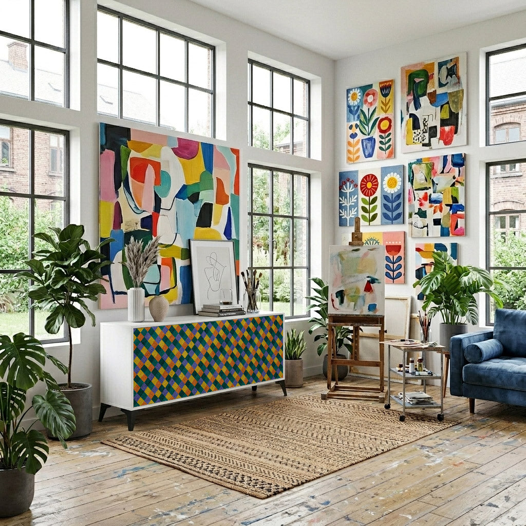 PAINTED SQUARES MIX Madia a 3 Ante in Finitura Bianca