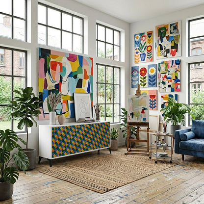 PAINTED SQUARES MIX Madia a 3 Ante in Finitura Bianca