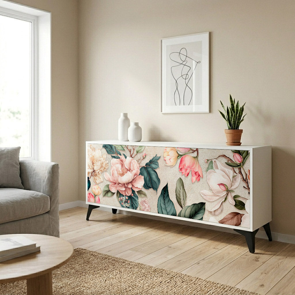 FLORAL GRACE 3-Door Sideboard in White Finish