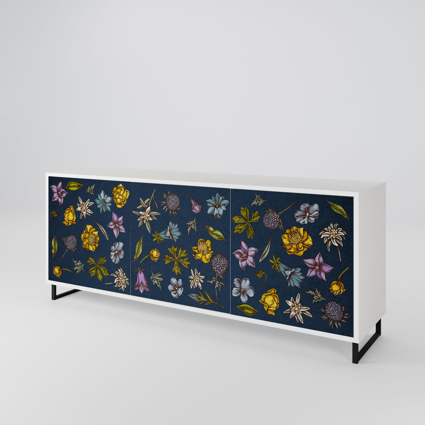 FLOWERS ON NAVY BLUE Madia a 3 Ante in Finitura Bianca