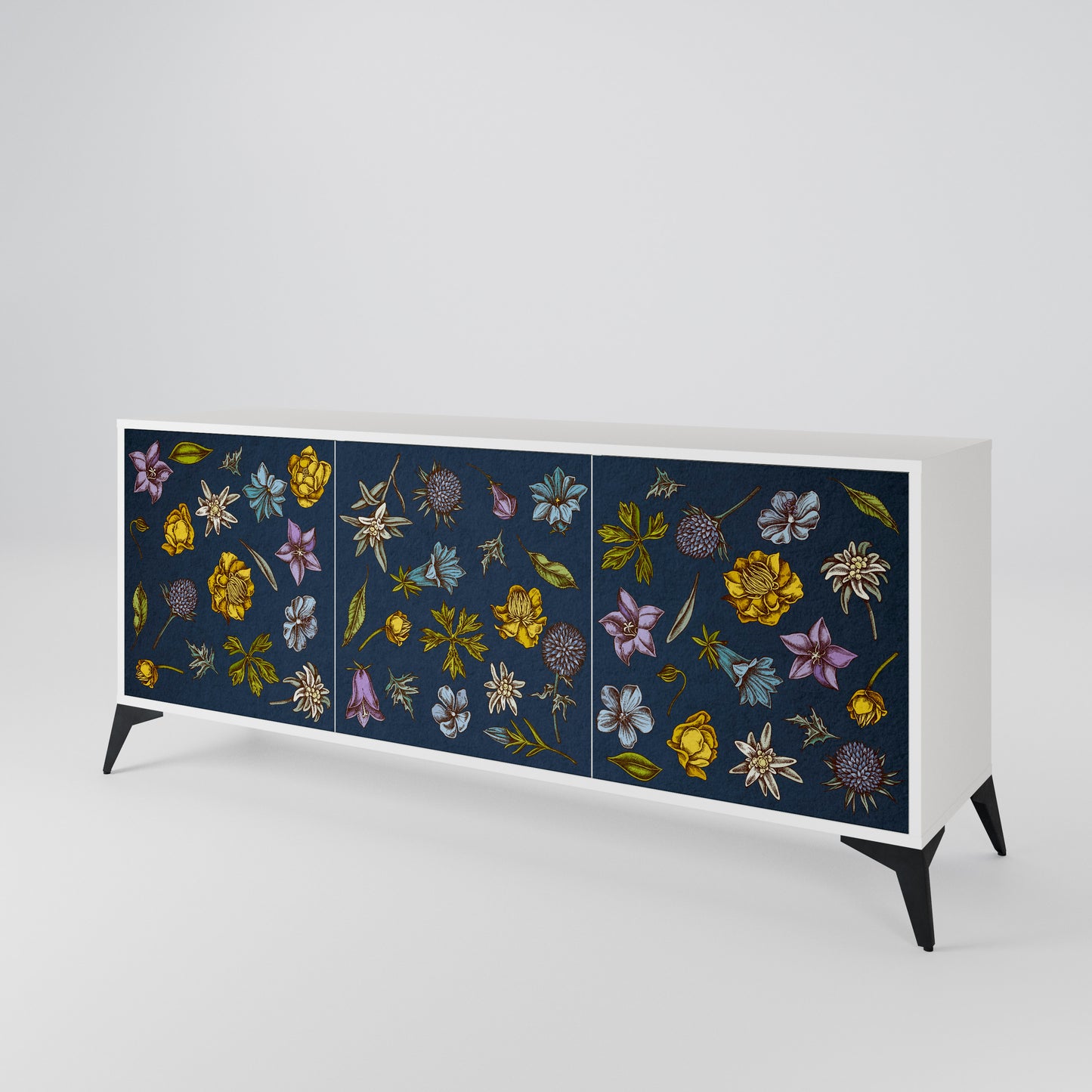 FLOWERS ON NAVY BLUE Madia a 3 Ante in Finitura Bianca