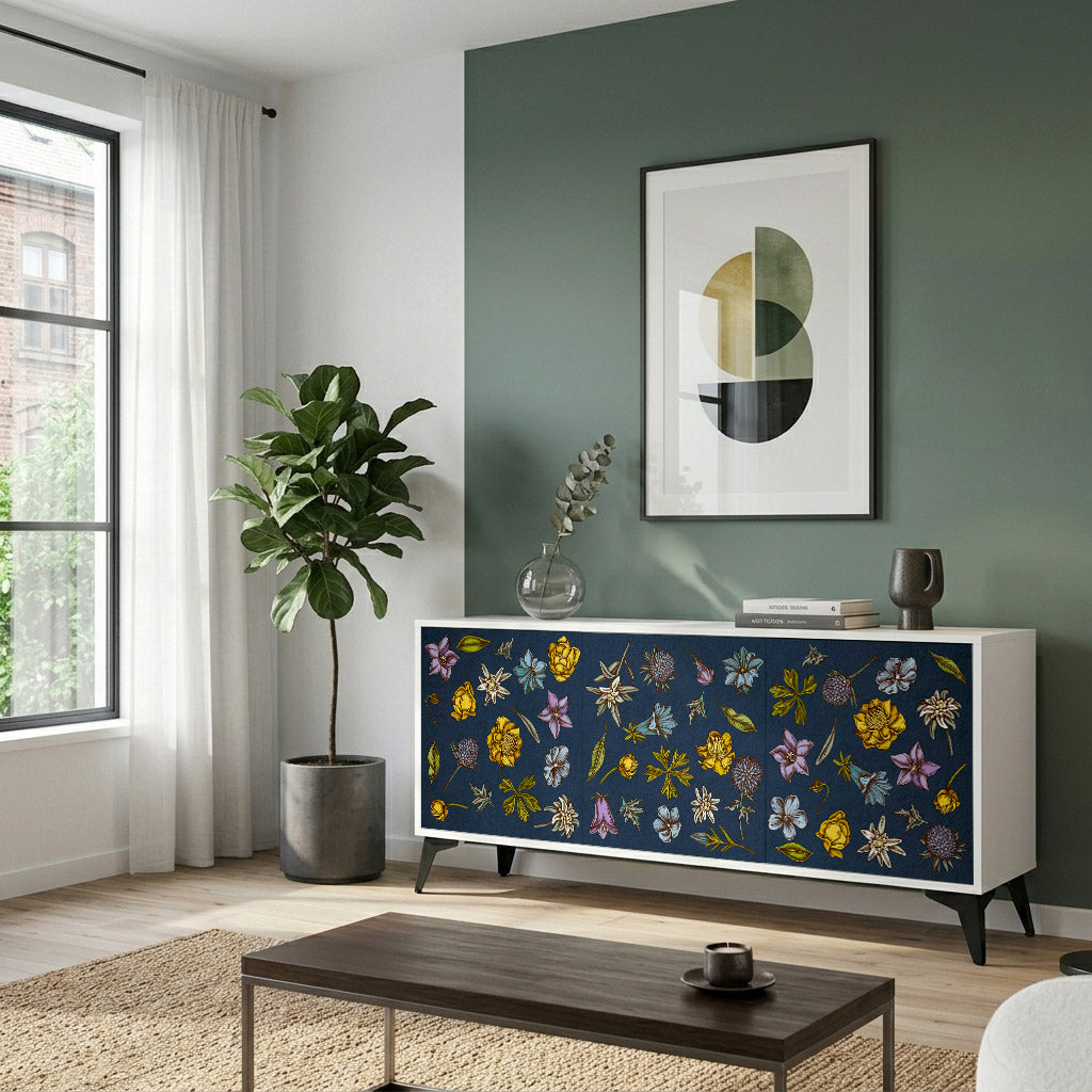 FLOWERS ON NAVY BLUE Madia a 3 Ante in Finitura Bianca