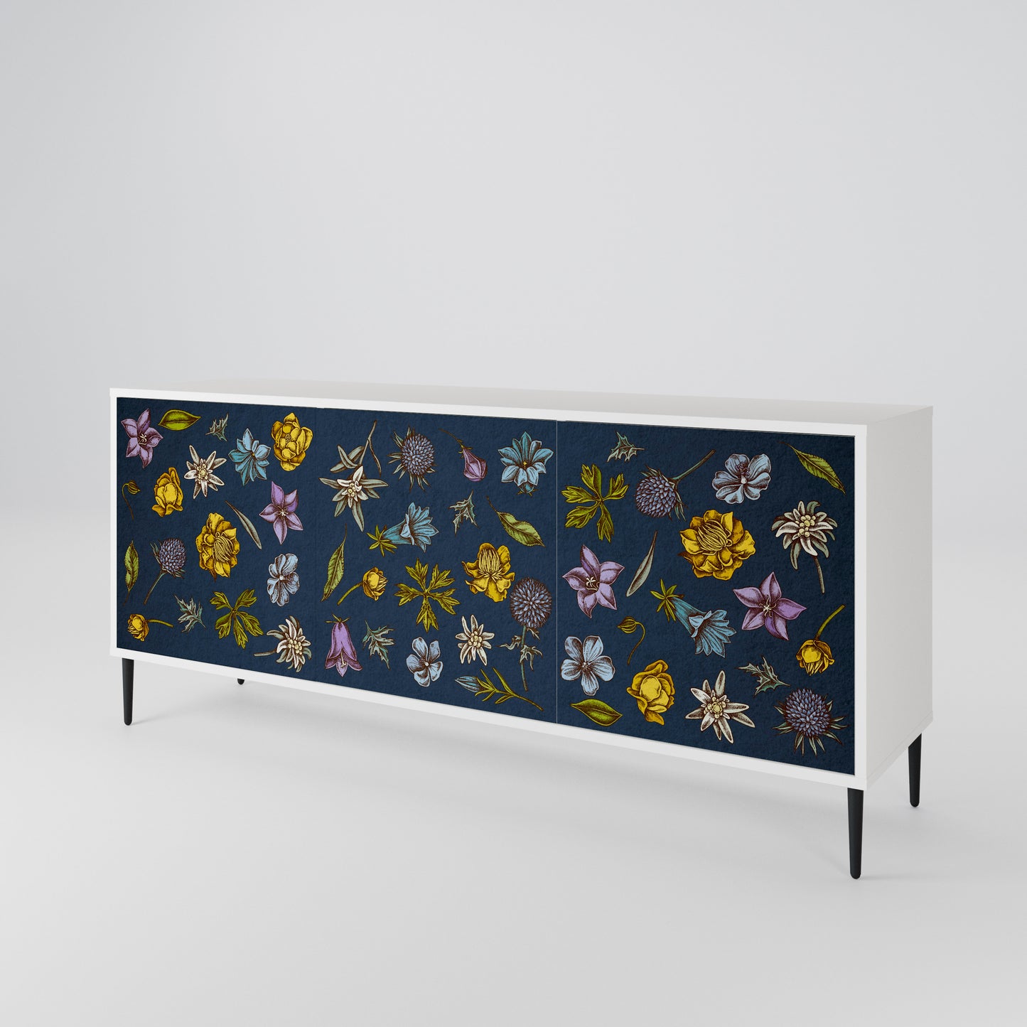 FLOWERS ON NAVY BLUE Madia a 3 Ante in Finitura Bianca