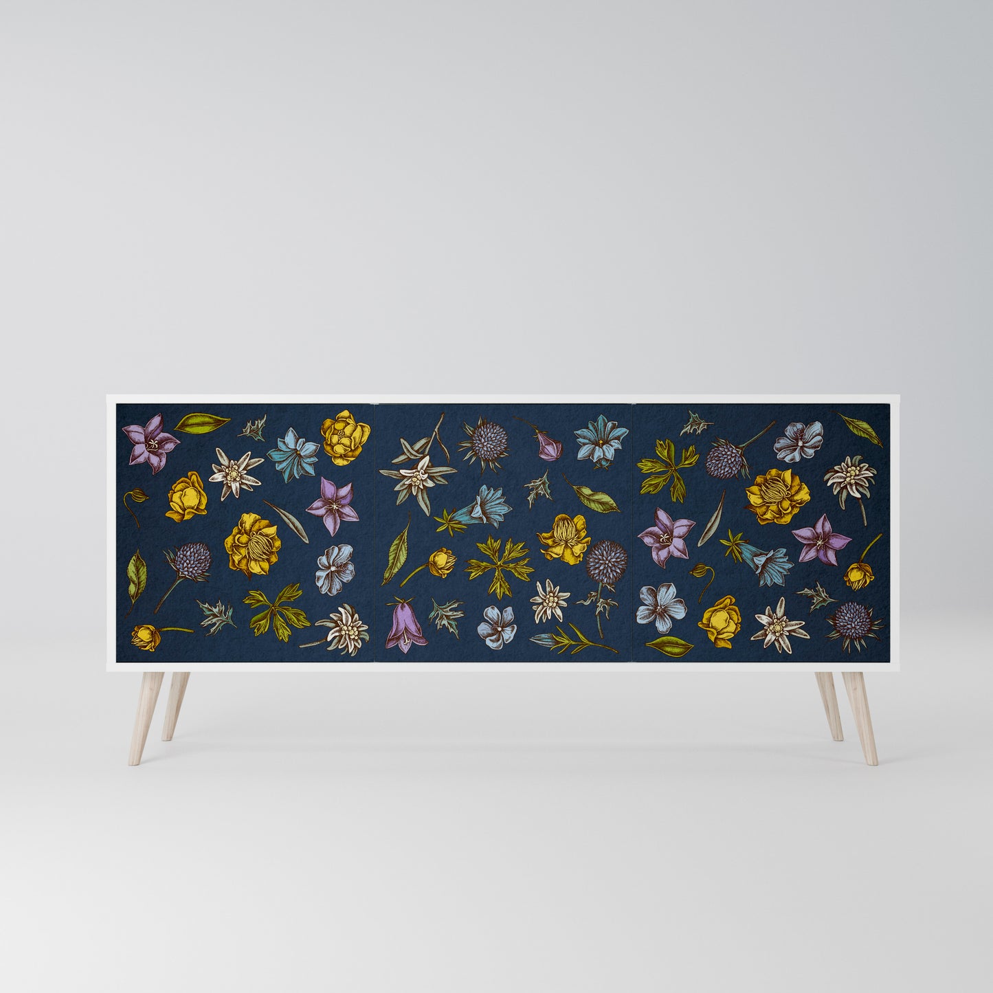 FLOWERS ON NAVY BLUE Madia a 3 Ante in Finitura Bianca