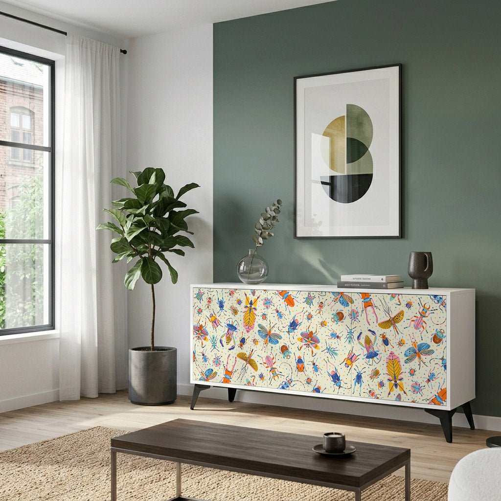 COLORFUL INSECTS 3-Door Sideboard in White Finish