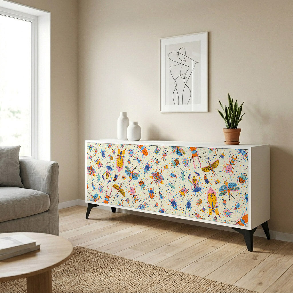COLORFUL INSECTS 3-Door Sideboard in White Finish