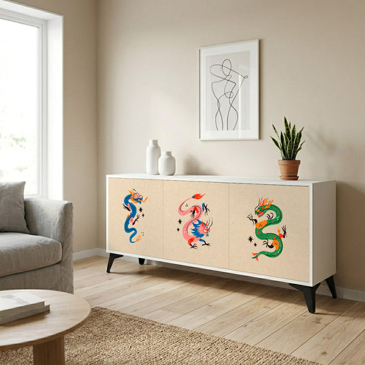 MYTHOLOGICAL CREATURES 3-Door Sideboard in White Finish
