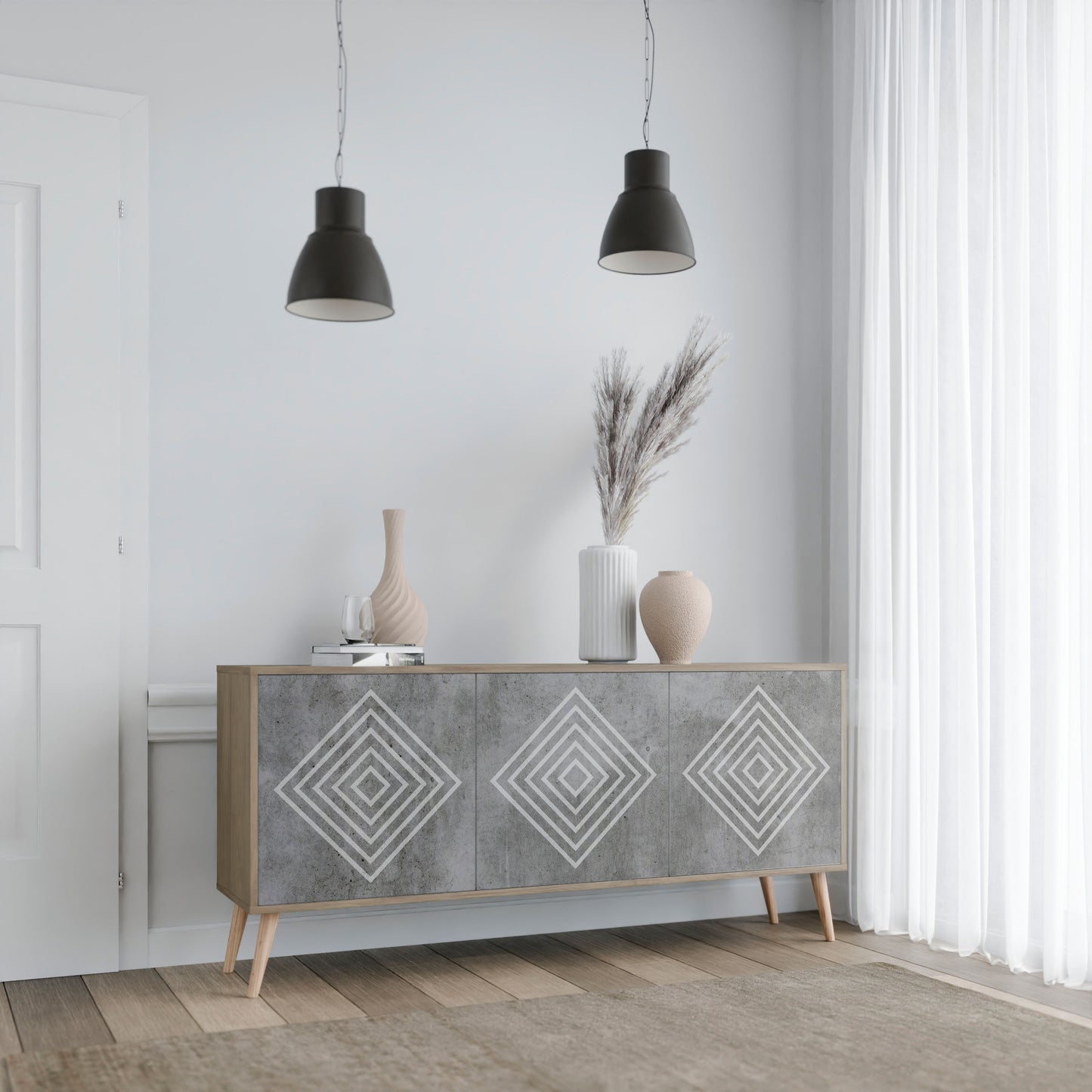 Credenza a 3 ante POLYGONAL ARTISTRY in effetto rovere