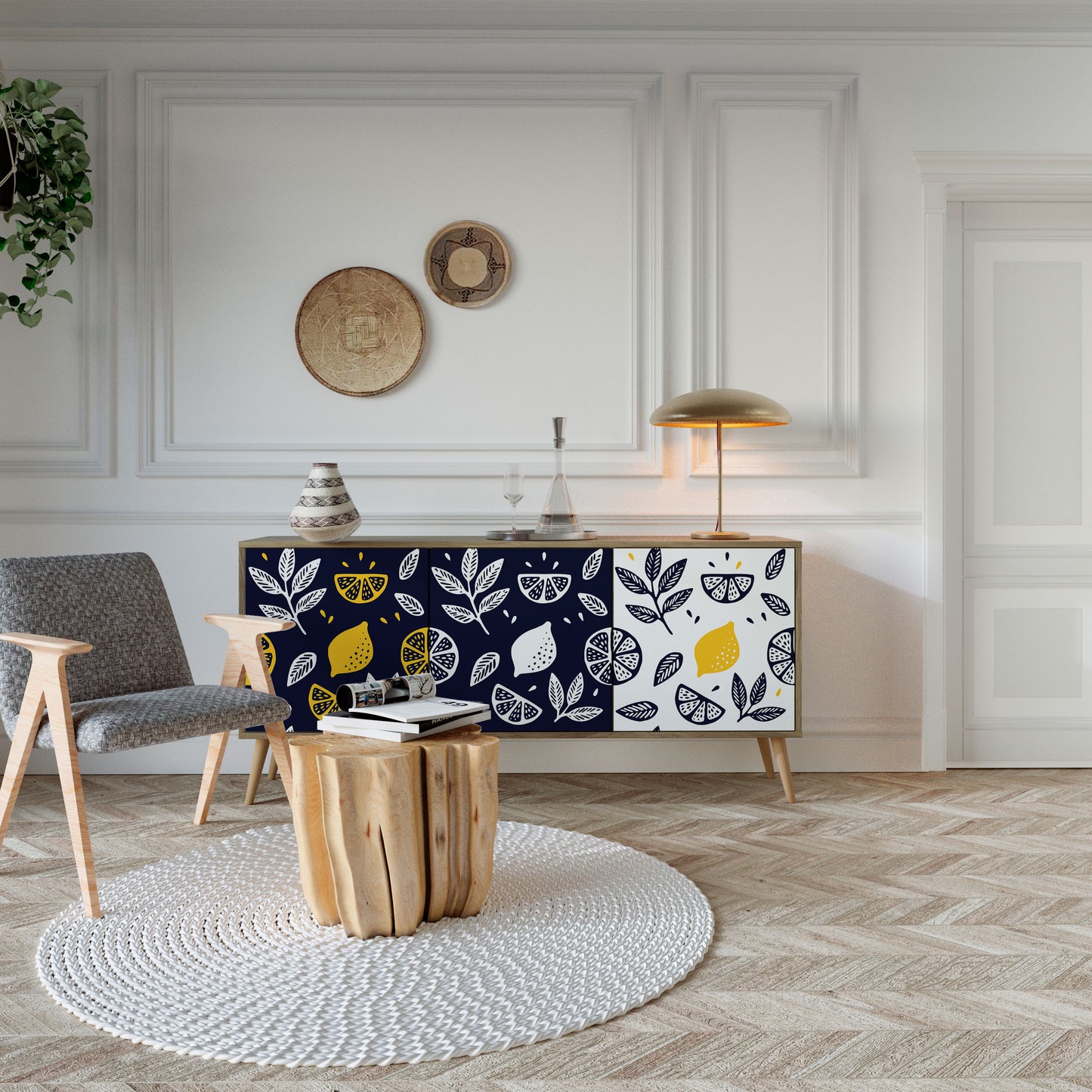 Credenza a 3 ante CITRUS BLACK AND WHITE in effetto rovere