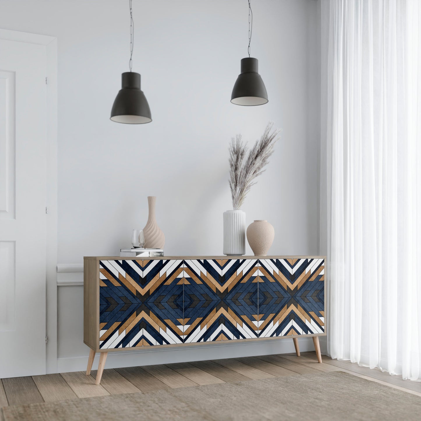 Credenza a 3 ante ARTFUL GEOMETRY in effetto rovere