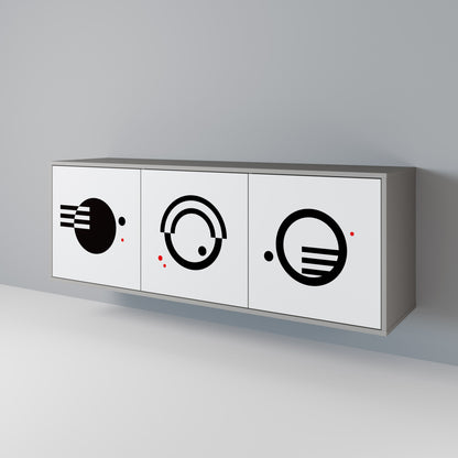 Credenza a 3 ante con combinazione bianco e nero, finitura grigia