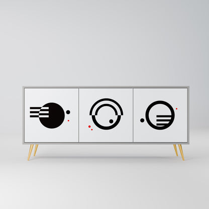 Credenza a 3 ante con combinazione bianco e nero, finitura grigia