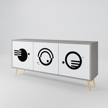 Credenza a 3 ante con combinazione bianco e nero, finitura grigia