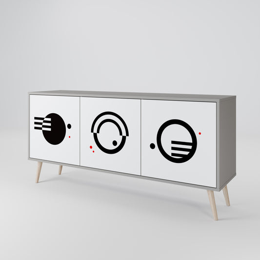 Credenza a 3 ante con combinazione bianco e nero, finitura grigia