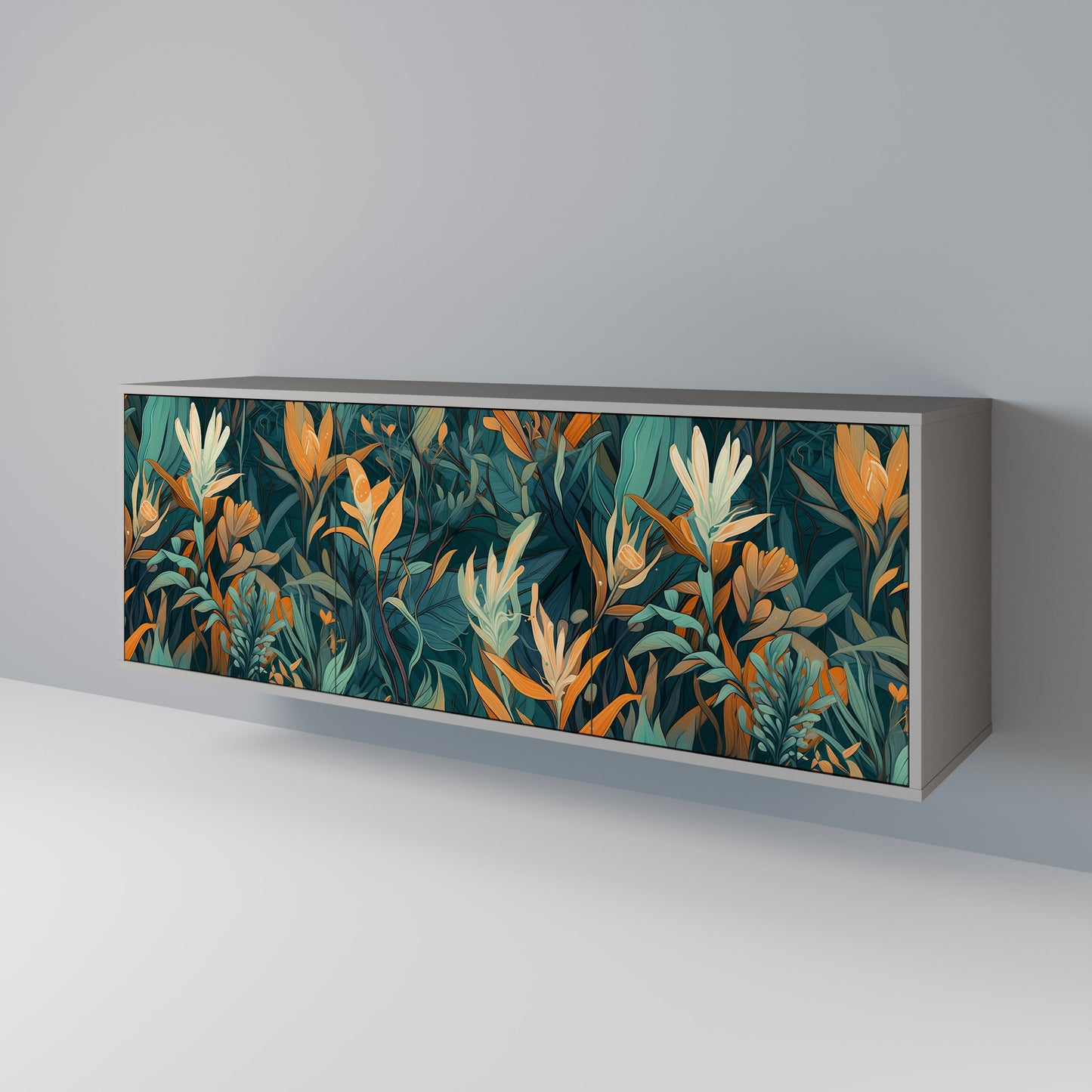 FLORAL SERENITY 3-Door Sideboard in Grey Finish